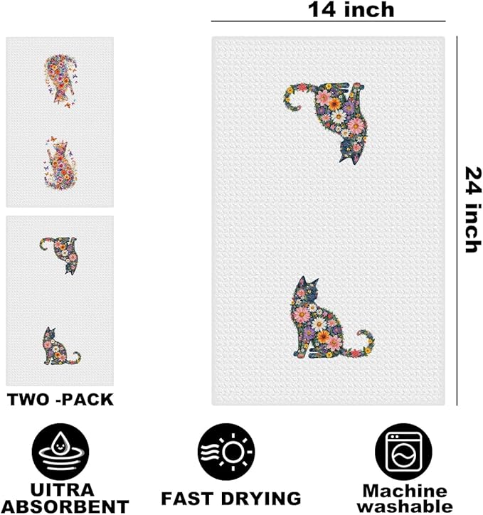 2 Pcs Flower Cat Kitchen Towels, Floral Cat Hand Towel for Bathroom Decor, Kitten Dish Tea Towel for Kitchen Home Bathroom Decor, Pet Gifts for Kitten Lovers Women Girls, 24x14 Inch