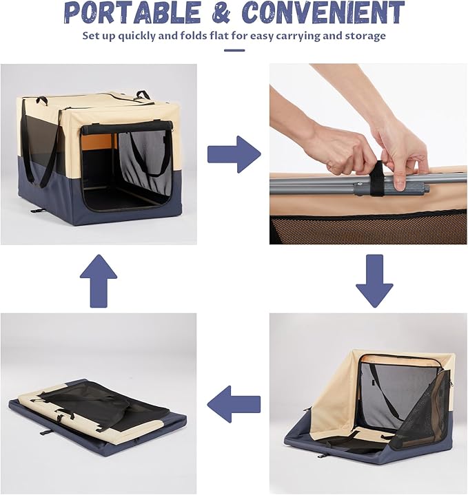 PETSFIT 36" Soft Portable Dog Crate – Patented Spiral Sturdy Frame, Collapsible Travel Kennel for Medium & Large Dogs, 3 Mesh Door, Lockable Zippers, Indoor & Car Use Navy Blue