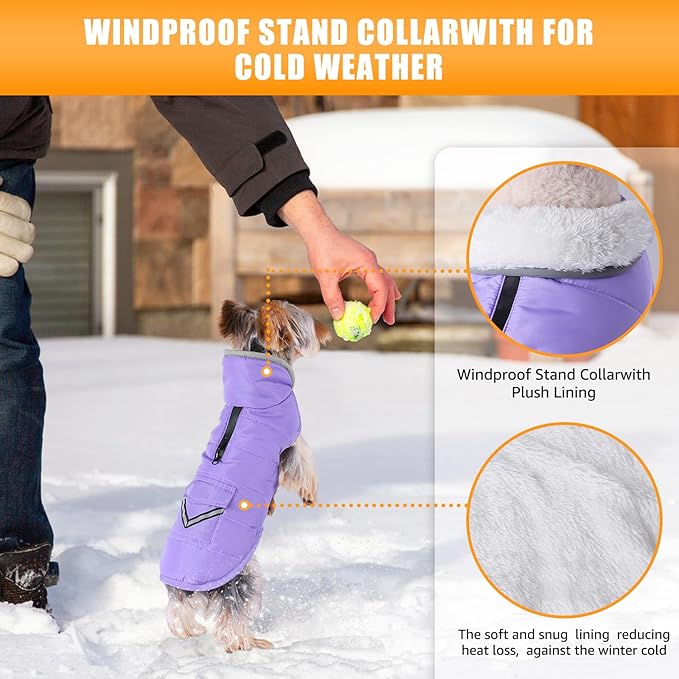 Dog Winter Coat for Extra Small Dogs, Easy on XS Dog Snow Jacket Velcro Waterproof Pet Puffer Clothes with Harness Hole Adjustable Reflective Quilted Dog Cold Weather Vest for Girl 8-12 Pounds