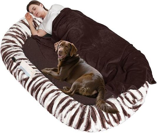 Human Dog Bed for Adult, Reversible Orthopedic Gel Memory Foam Cushion, Washable Corduroy Fleece, Plump Edge with Blanket, Storage Pocket, Strap, 71"x47.2"x9", Extra Large, Tie-dye Brown