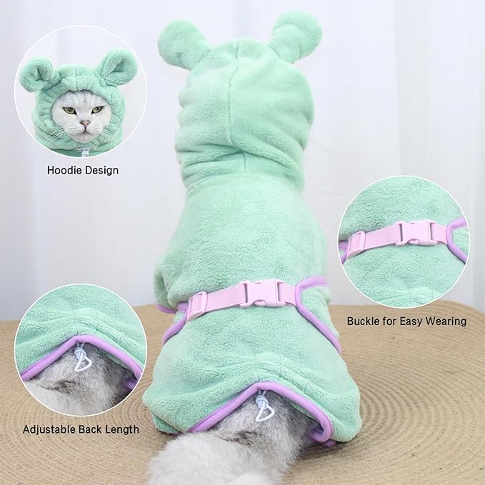 Pet Bathrobe for Dog Cat Absorbently Quick Drying Coat Cute Dogs Bath Towel Hooded Robe Adjustable Collar & Belly Strap for Pool Beach (Green, X-Small)