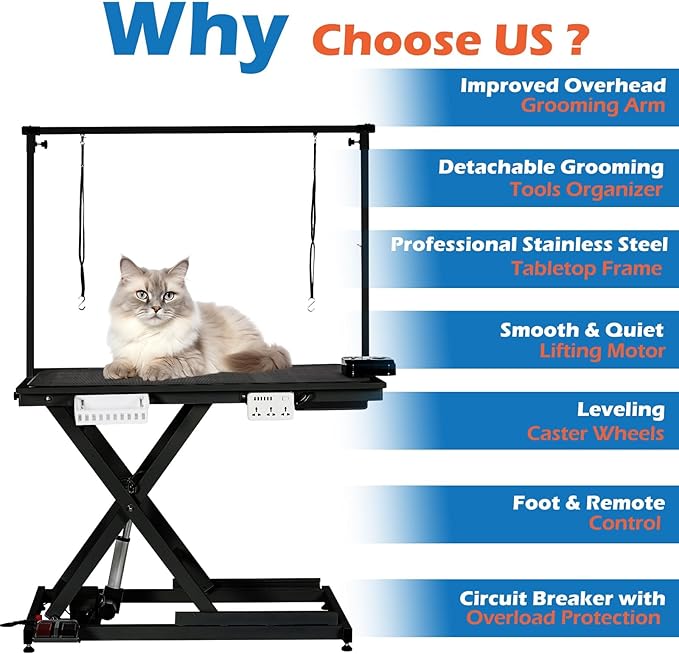 50 Inch Dog Grooming Table, Electric Hydraulic Pet Grooming Table, Dog Grooming Station with Aluminium Overhead Arm, Anti Slip Tabletop, 6 USB Ports, Height Adjustable, 300 LBS Capacity, Black