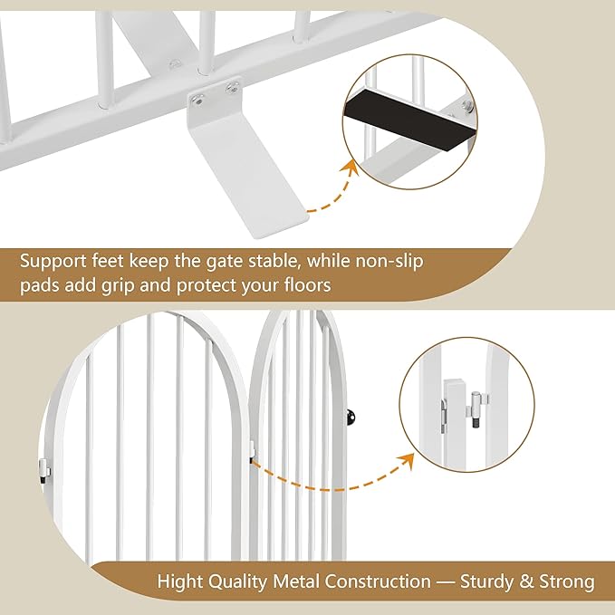 PUPETPO Full Metal Dog Gate with Door for Indoor Outdoor, 24" Tall Free Standing Pet Dog Fence, 108" Extra Wide Pet Gates for Stairs, Hallways, Doorways, Kitchen, Decks, Yards (White, 6 Panels)