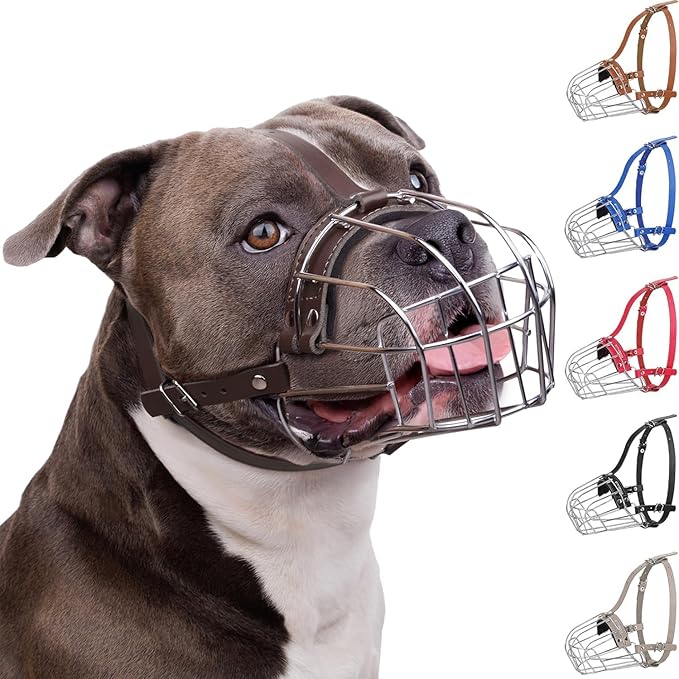 BRONZEDOG Pitbull Dog Muzzle Breathable Metal Basket for Large Dogs Amstaff Staffordshire Terrier Biting Chewing Barking (Leather, Dark Brown)