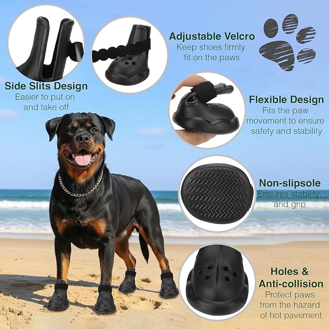 Dog Shoes for Hot Pavement and Snow - Waterproof, Non-Slip, Breathable Booties with Adjustable Straps for Small Medium, and Large Dogs (Black, XS)