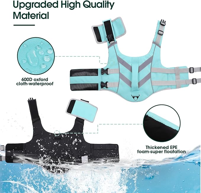 Kuoser Dog Life Jacket with Reflective Stripes, Dog Life Vest for Swimming Boating, Adjustable Pet Lifejackets with High Flotation, Doggie Swimsuit for Small Medium Large Dogs