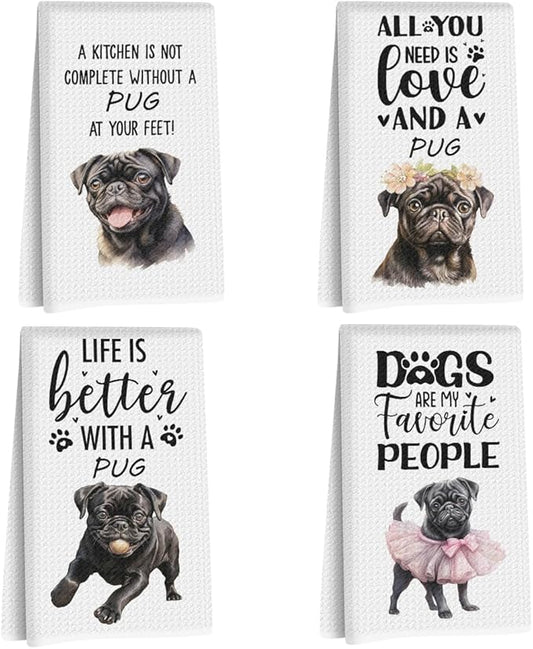 4Pcs Cute Black Pug Kitchen Towels 24x14 Inch, Black Pug Gifts for Woman Mom, Reusable Waffle Weave Microfiber Absorbent Hand Tea Dish Towels for Kitchen Bathroom Home Decor, Dog Lovers Gifts