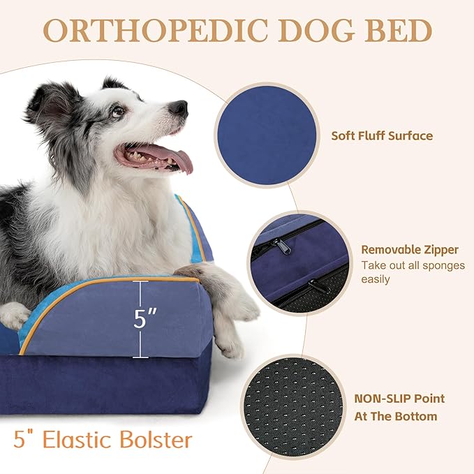 Comfort Expression Orthopedic Dog Bed for Large Dogs 36x27 Inch, Waterproof Egg Crate Foam Large Pet Bed with Bolsters, Dog Couch with Washable Cover & Non-Slip Bottom, Hidden Bay