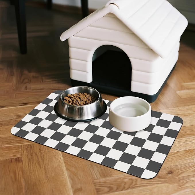 CooRug Checkered Dog Food Mat, Absorbent Leak-Proof Pet Feeding Mat, Quick Dry Cat Food Mat for Messy Drinkers 12" x 20" Black