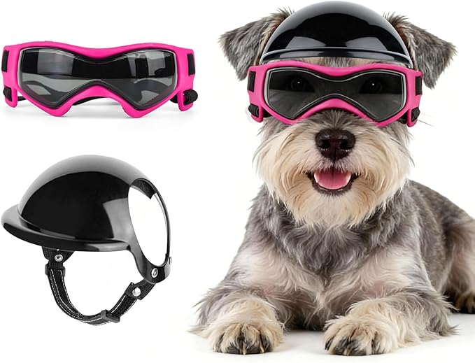 LESYPET Dog Helmet and Goggles for Small Breed, Puppy Motorcycle Helmet with Ear Holes, UV Protection Small Dog Sunglasses for Outdoor Activities/Riding/Walking