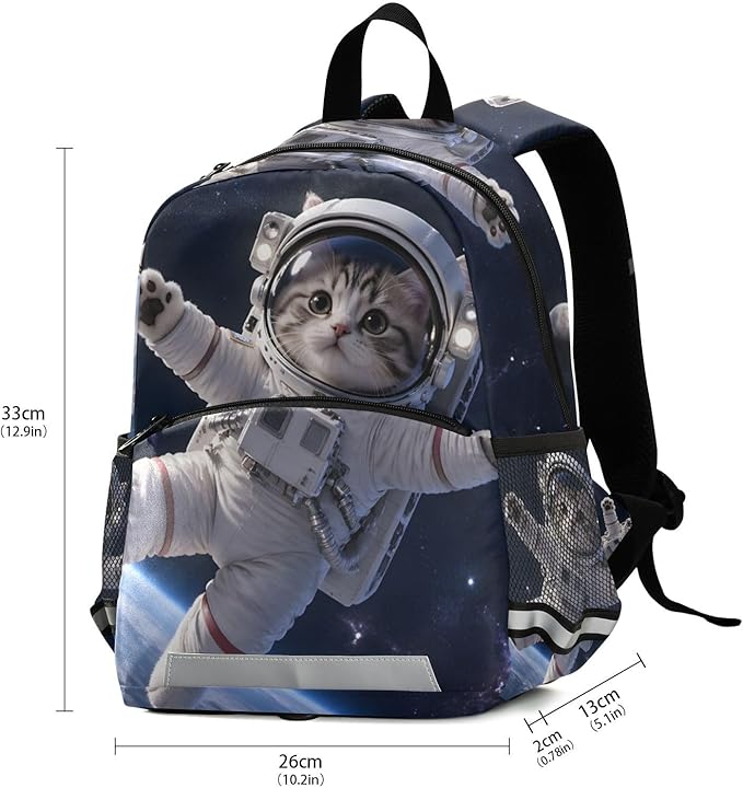 Astronaut Cat Toddler Backpack with Harness Leash Chest Buckle, Kids Schoolbag for Nursery Kindergarten Girls Boys 10.2×5.9×12.9 inch