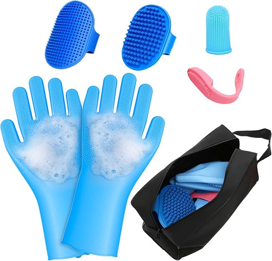 7 PCS Pet Grooming Kit for Dogs and Cats | Dog Washing Gloves | Dog Bath Brush | Cleanroom Gloves | Dog Shampoo Brush | Finger Toothbrushes | Storage Bag | All-in-One Pet Care (Ocean Blue)