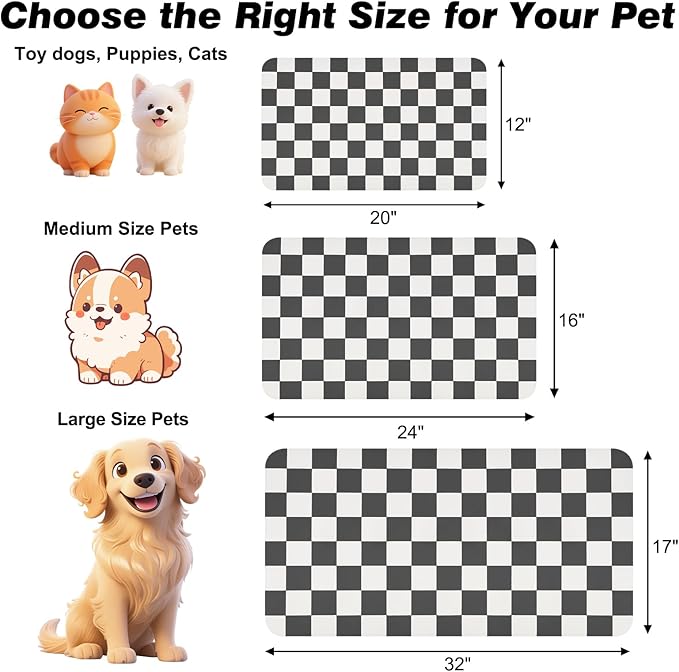 CooRug Checkered Dog Food Mat, Absorbent Leak-Proof Pet Feeding Mat, Quick Dry Cat Food Mat for Messy Drinkers 16" x 24" Black