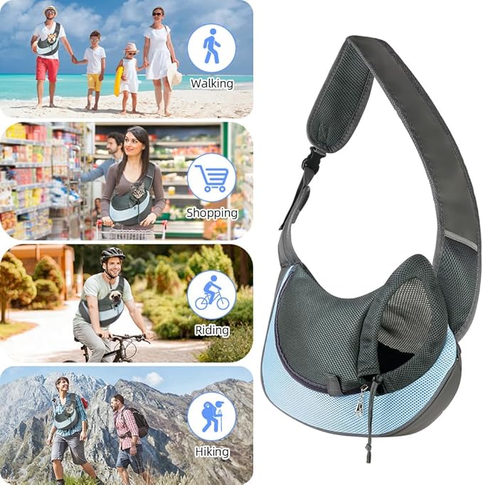 Dog Sling Carrier, Mesh Breathable Puppy Sling with Soft Adjustable Widen Padded Strap, Hand-Free Dog Purse Carriers for Small Dogs Cats, Pet Carrier Backpack for Travel Outdoor, Blue