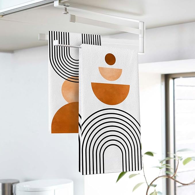 Modern Geometric Kitchen Dish Towels Set of 2, Boho Abstract Sun Rainbow Drying Hand Towel Baking Cooking Cloth, Contemporary Aesthetic Minimalist Art Home Decoration 18 x 26 Inches