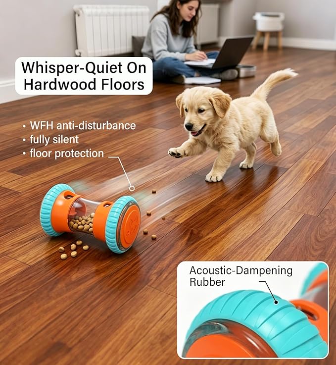 Interactive Dog Puzzle Toy & Slow Feeder-Fully Detachable Dishwasher Safe Treat Dispenser, Stepless Adjustable Dual Ports for Kibble & Freeze-Dried, Whisper-Quiet Rubber Wheels for All Breeds