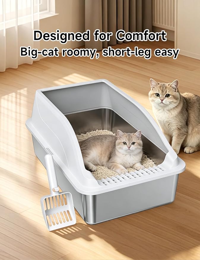 Stainless Steel Cat Litter Box, Extra Large XL Odor Free Metal Litter Box with High Sides Lid, Open Top Litter Pan Include Scoop Easy Cleaning Kitty Cat Box Anti-Urine Leakage, Non-Sticky