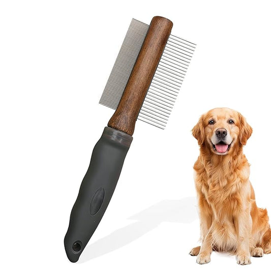 HOP 2-in-1 Dog Dematting&Deshedding Comb with Wooden Handle Double-Sided Fine&Wide Tooth Dematting Comb Pet Flea Comb for Dogs and Cats Gentle Remove Loose Hair Tangles Dirt Fleas