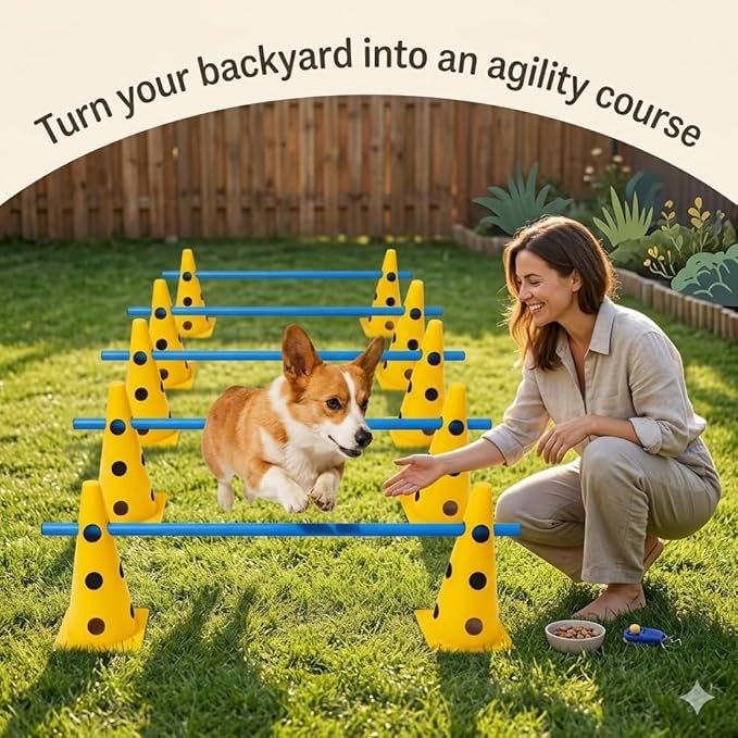 Dog Agility Training Jumping Hoop for Small Medium Dogs, Adjustable Height Pet Exercise Equipment for Outdoor Backyard (12 Cone Set)