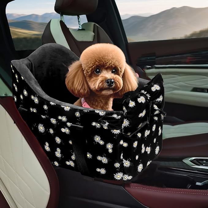 Center Console Dog Car Seat for Small Dogs Chihuahua or Yorkie Anti-Anxiety Anti-Collapse Booster Armrest Pet Bed | Secure Portable Seat for Compact Cars (Black, Up to 11 lbs)