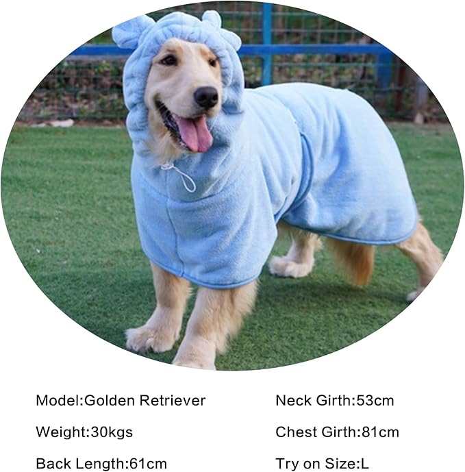 Pet Bathrobe for Dog Cat Absorbently Quick Drying Coat Cute Dogs Bath Towel Hooded Robe Adjustable Collar & Belly Strap for Pool Beach (Blue, Medium)