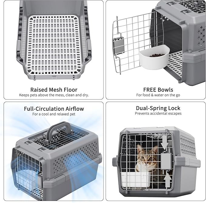 RIZZARI Grey Small Hard Sided Pet Carrier, Portable Ventilated Travel Crate with Metal Door and Handle for Small Dogs and Cats, Perfect for Car Rides, Vet Visits and Daily Use