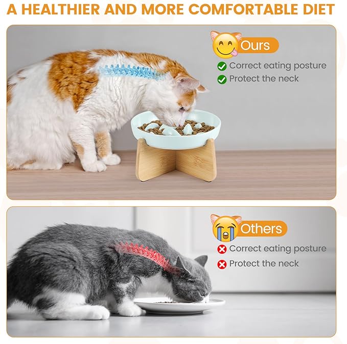 PETTOM Slow Feeder Cat Bowl with Stand, Ceramic Slow Eating Cat Bowl with Higher Edges Fish Pool Design Elevated Food Bowls for Dry and Wet Food Anti-Vomiting Puzzle Feeder for Healthy Eating Diet