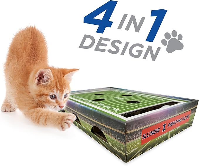 Pets First NCAA Illinois Fighting Illini Cat Scratcher Box, Game Day Cat Toy, NCAA Football Field Designed Cat Scratcher and Lounge, Stimulating Cat Game