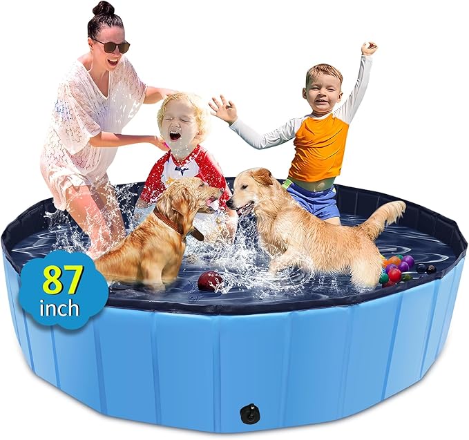 CACSPS Foldable Dog Pool, 87" x 14" Large Kiddie Pool with Hard Plastic, Non-Slip Dog Bath Tub for Outdoor Backyard, Collapsible Dog Swimming Pool for Kids Dogs Pets (Blue)