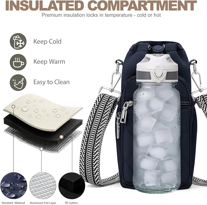 SYTRAH Water Bottle Carrier Bag with Strap, Water Bottle Purse with Phone Pocket 40oz for Walking Hiking