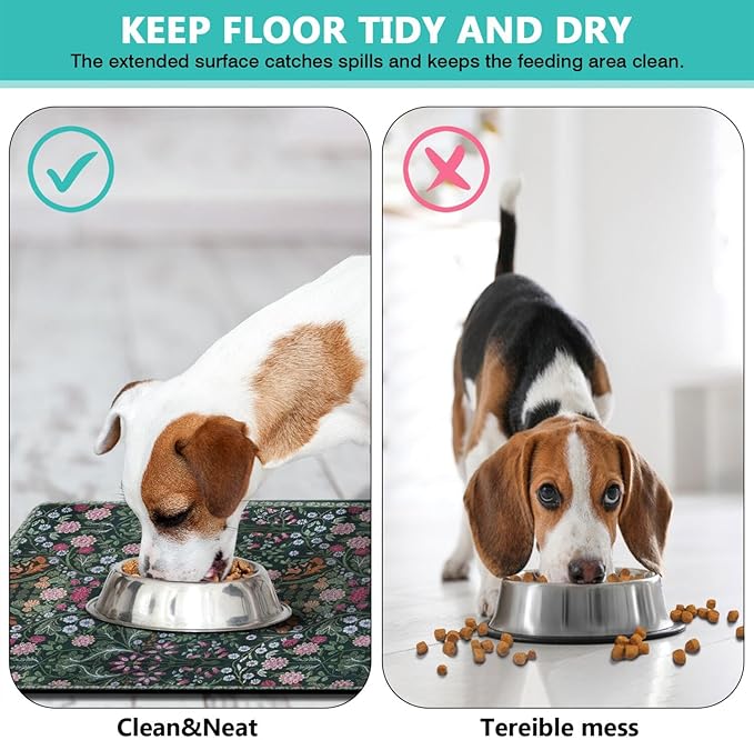 Floral Dog Food & Water Mat, Boho Vintage Pet Feeding Mat for Floor Non-Slip Waterproof, Super Absorbent Cat Bowl Mat, Easy to Clean Durable Pet Placemat,12" × 20"