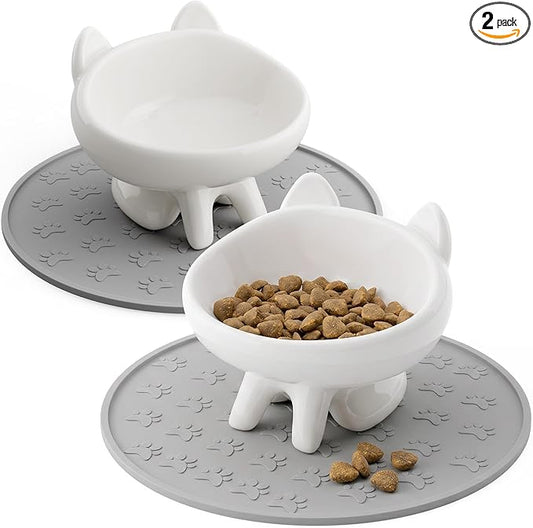 2 Pack Anti-Vomit Elevated Ceramic Cat Bowls with 2 Non-Slip Mats – Ceramic Whisker-Friendly Tilted Orthopedic Feeding Set, Ideal for Senior Cats & Small Dogs