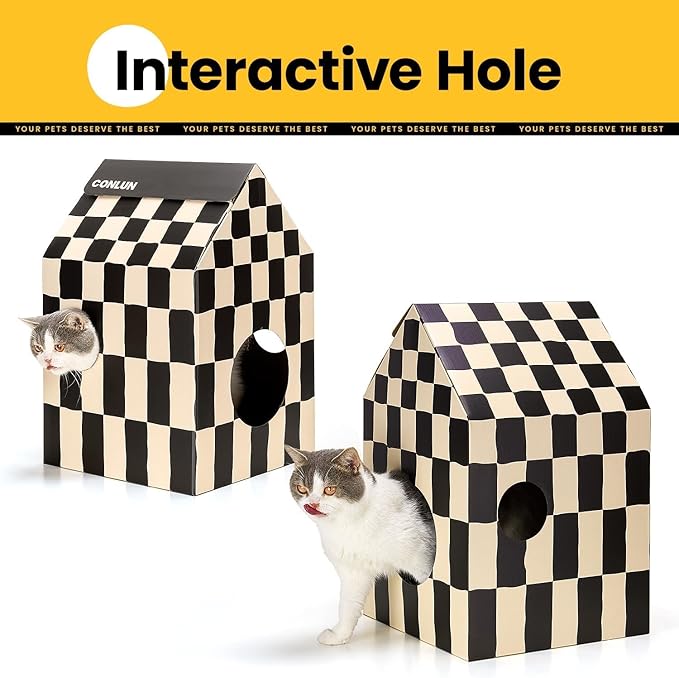 Conlun Cardboard Cat House with Scratch Pad & Catnip, Cat Play Scratching House for Indoor Hideaway Furniture, Heavy Duty Sturdy Cardboard Scratcher, Easy to Assemble Birthday Gift, Medium