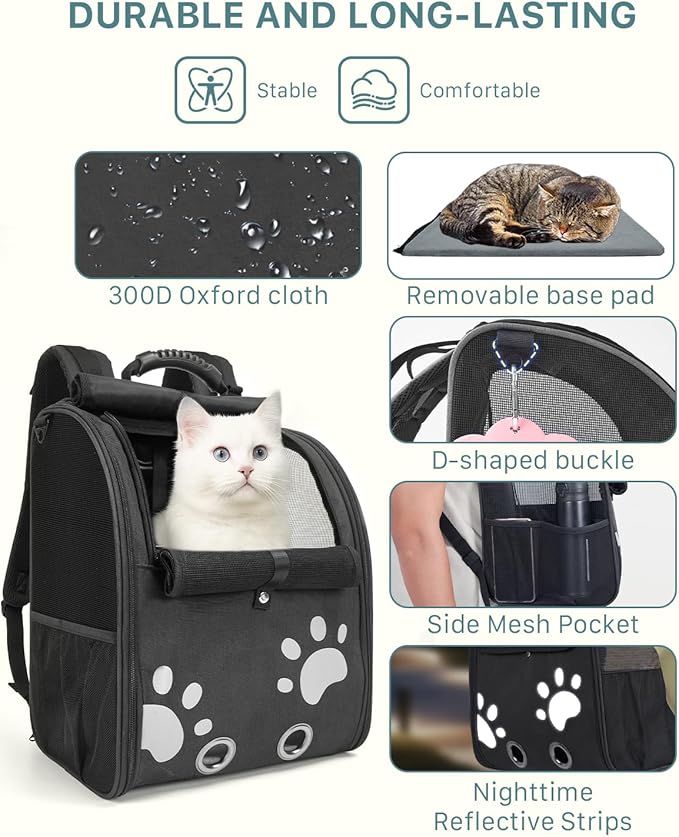 Cat Backpack Carrier with Comfort Handle, Ventilated Cat Backpack with Reflective Strips, with Chest and Shoulder Buckles, Foldable Cat Carrying Backpack for Kitty Small Dog up to 15lbs(Black).