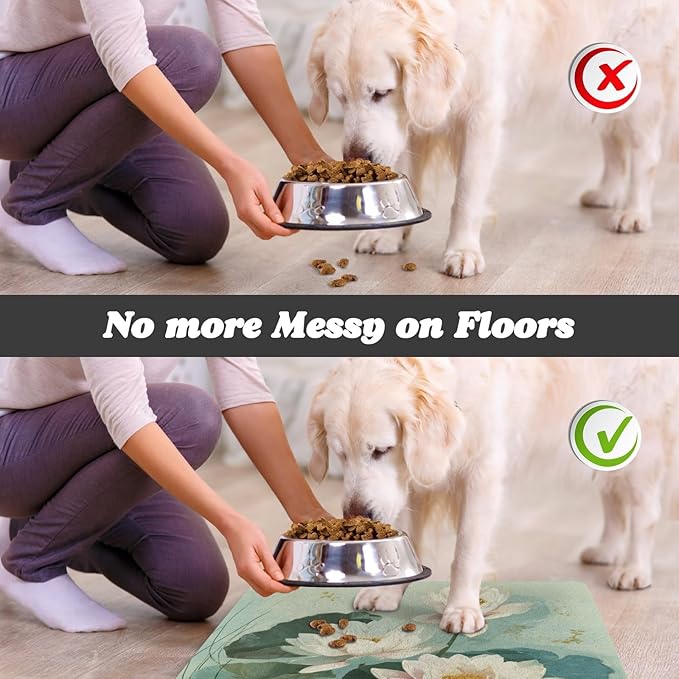 Green Lotus Pond Art Dog Food Mat-Absorbent Pet Dog Mat for Food and Water, No Stains Quick Dry Cat Food Bowl Mat,16" x 12" Pet Placemat for Dogs, Cats
