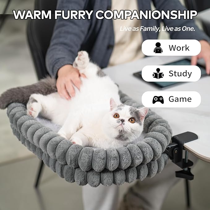 CHEERPALS Cat Desk Bed with Reversible Cushion, 90°Foldable Cat Hammock for Desk Mounted Removable & Washable, Suitable for Medium-to-Large Cats and Puppy, Cloud Series(Grey, Medium)