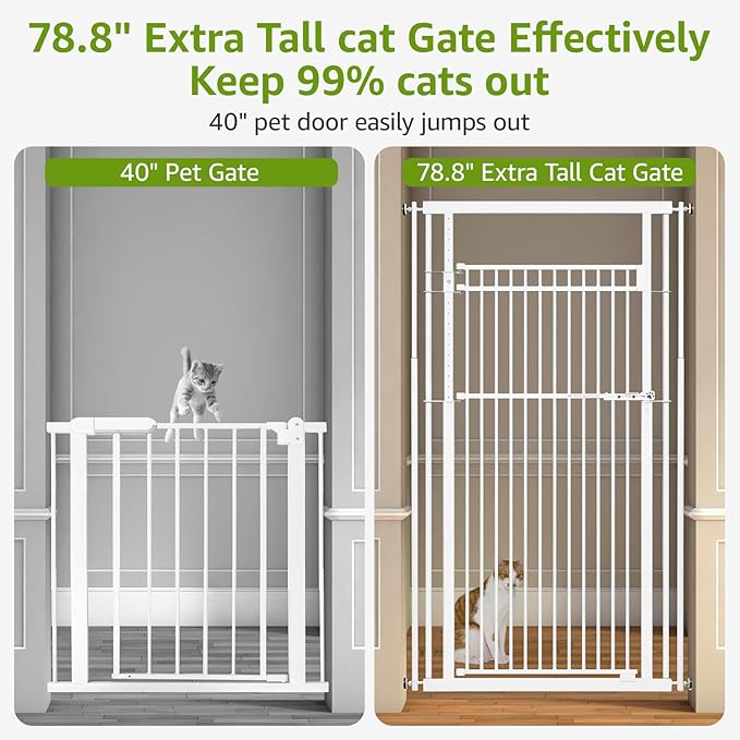 78.8" Extra Tall Pet Gate for Cat/Dog, 32.8-37.4" Wide Tall Cat Gate for Doorways/Hallways, NO Drilling Pressure Mounted Dog Gate for Stairs, Studio, Kitchen (White)