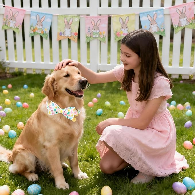 Easter Dog Collar with Bow Tie, Cotton Bunny Bowtie for Large Girl Boy Dog, Cute Rabbit Pet Collar with Metal Buckle, Gift, S