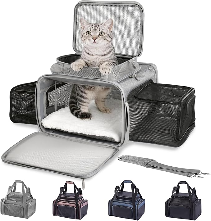 Cat Carrier Soft Sided, Expandable Pet Carrier for Medium Small Pets, Collapsible Travel Carrier with Hard Shell, 360° Panoramic Mesh, Washable Waterproof Pad | – 17.3×13.8×9.4 (Gray)