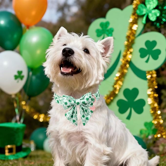 St. Patrick's Day Dog Collar with Bow Tie, Lucky Shamrock Bowtie Collar Adjustable for Girl Boy Dog, Trefoil Dog Collar Durable, Spring Green Collar for Dogs, M