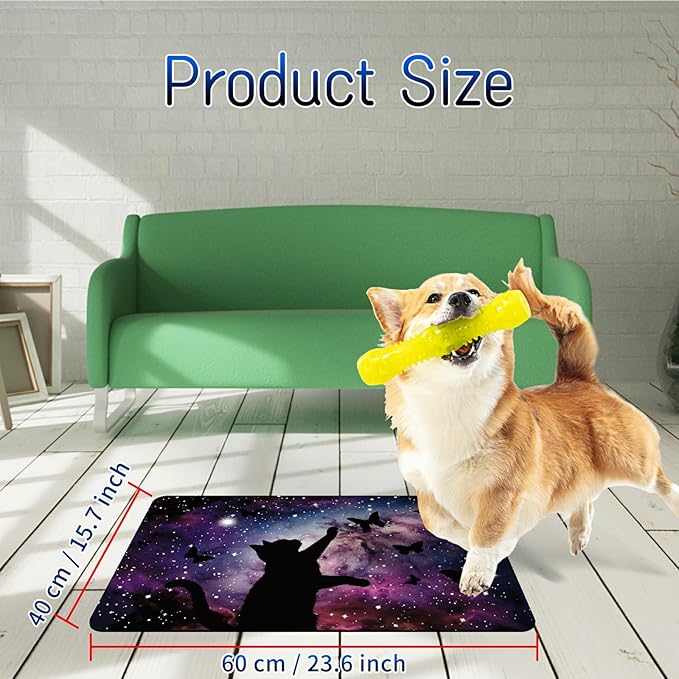 Dog Food Mat, 15.7" x 23.6" Absorbent Pet Feeding Mat for Food and Water, Waterproof Diatom Mud Pet Placemat with Non-Slip Rubber Backing, Easy Clean Cat Bowl Mat for Floors - Black Cat Stars