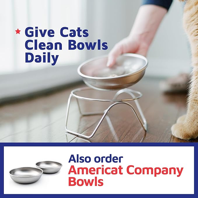 Raised Cat Bowl Stand for Food & Water by Americat – Made in USA – Stainless Steel, Spill-Proof Elevated Feeder, Dishwasher Safe, Human Grade, Whisker Friendly (Bowl + Stand)