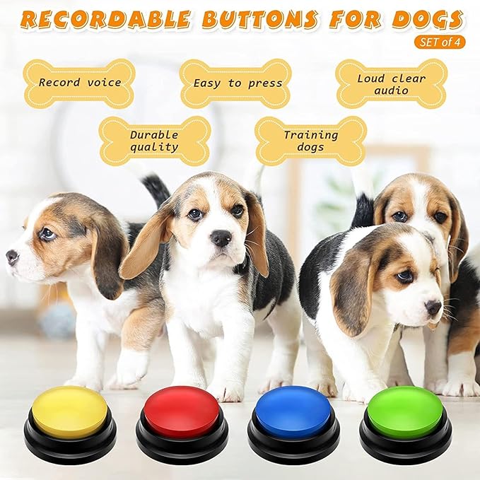 Dog Buttons for Communication, Set of 4 Color Dog Talking Button, 30s Voice Recordable Pet Training Tool, Speaking Buttons for Cats & Dogs with Scene Stickers and Rubber Mat (Red_B)