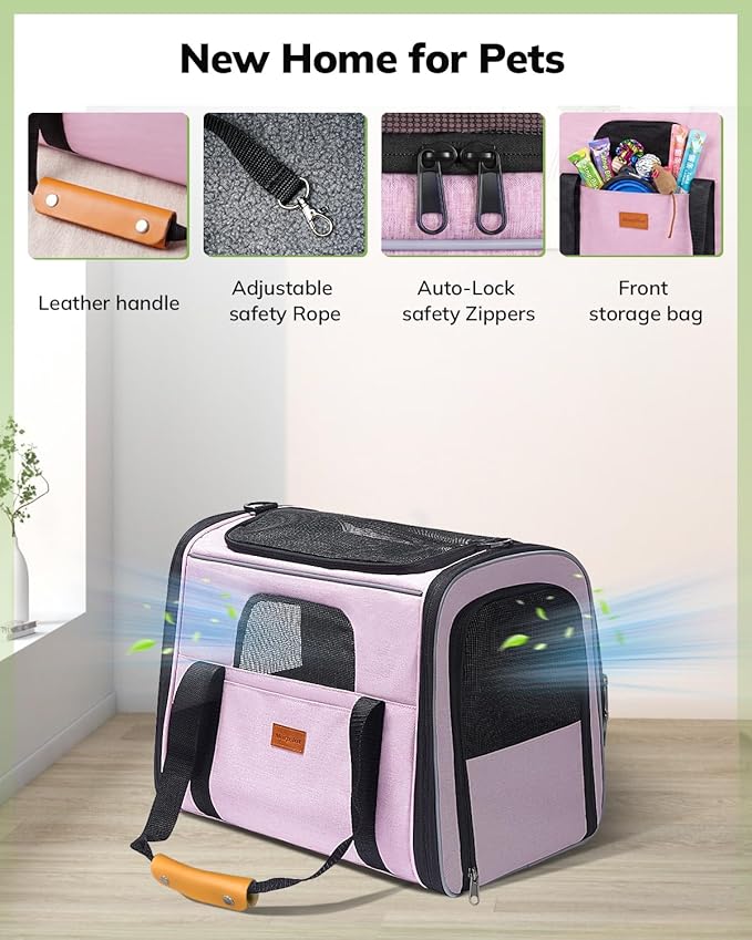 Morpilot Portable Cat Carrier - Soft Cat Carrier for Medium Cats and Puppy up to 15lbs,with Dual-Sided Cushion, Secure Buckle and Foldable Bowl, Dog Carriers for Small Dogs - Pet Carrier (Pink)
