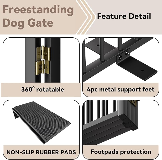 SNUOWU Full Metal Freestanding Dog Gate with Door, 36''Height Foldable Pet Dog Fence for Indoor & Outdoor, 4 Panels Extra Wide Free Standing TallDog Gates for Doorways,House,Stairs,Porch,Deck,Yard
