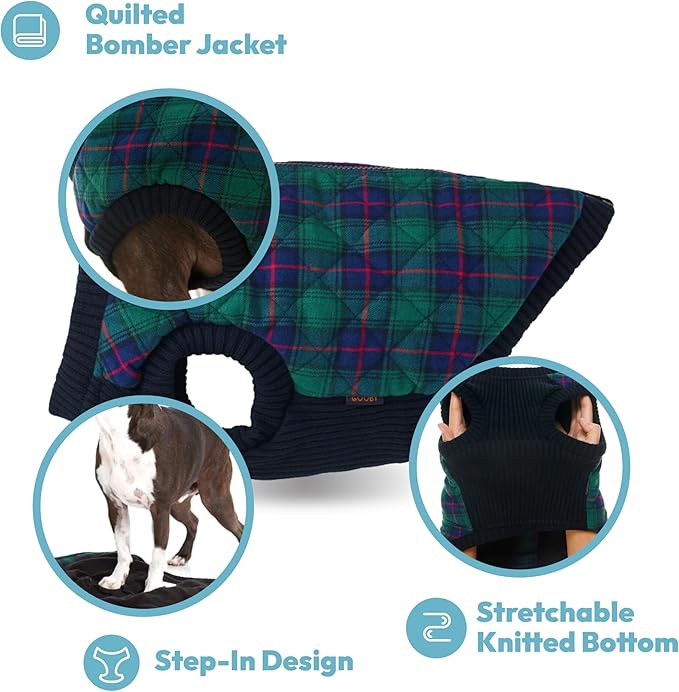 Gooby Fashion Vest Check Dog Jacket - Red Check, Medium - Warm Zip Up Bomber Vest with Dual D Ring Leash - Winter Water Resistant Small Dog Sweater