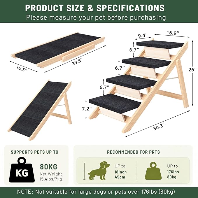 Dog Stairs/Ramp for Bed, Wooden 2-in-1 Foldable Pet Stairs & Ramp, Portable Dog Ladder Up to 180 Pound for Elderly/Short-Legged Dogs, 4 Steps for Beds, Couch
