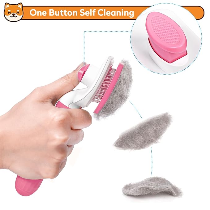 Dog & Cat Brush Kit 2PCS, Self Cleaning Slicker Brush for Pets, Dog Brush for Shedding Massaging and Grooming, Removes Loose Undercoat & Portable Comb for Long Short Haired Dogs