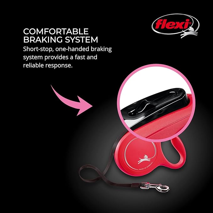 FLEXI New Classic Cord Retractable Dog Leash for Small Dogs up to 26 lbs. – 16 ft., Red | Tangle-Free Pet Walking Leash with One-Handed Brake, Pause, Lock | German Quality Product