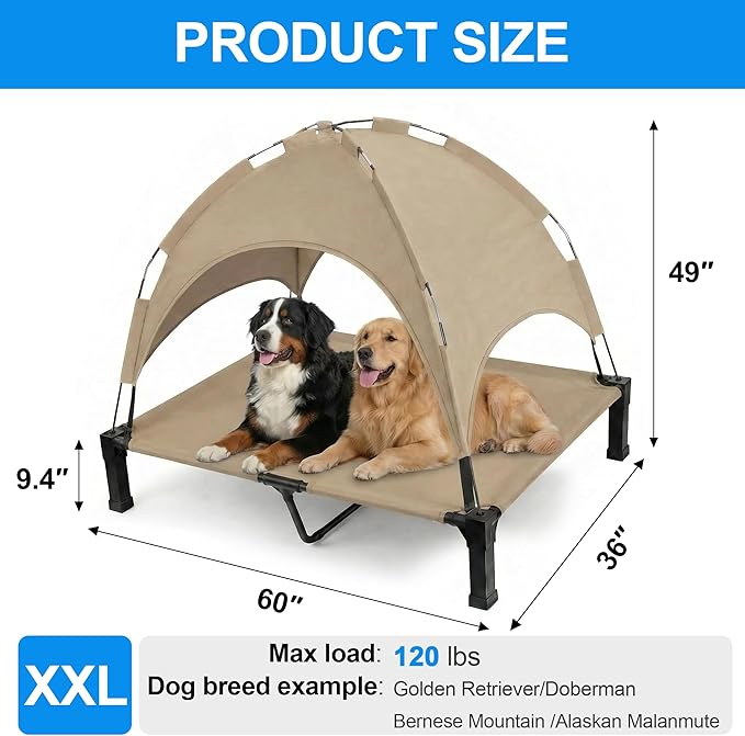 Elevated Dog Bed with Canopy Raised Pet Cot for Large Dogs, Outdoor Dog Cot with Removable Sun Shade Tent, Breathable Mesh Portable Dogs Cot for Camping, Beach, Backyard, Outdoor Use